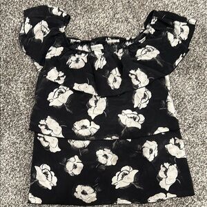 White House Black Market Ruffled Off-Shoulder Blouse Black and White